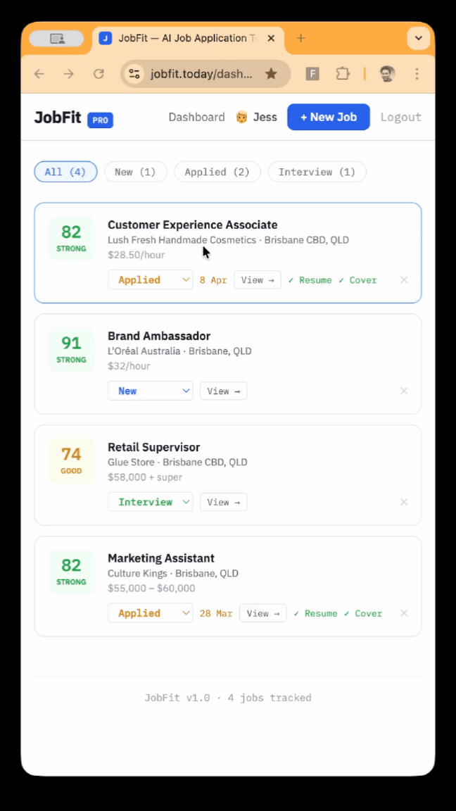 JobFit in action — fit score, tailored resume, and cover letter